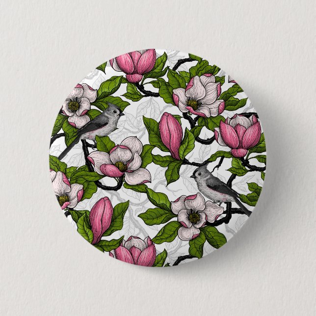 Blooming magnolia and titmouse bird button (Front)