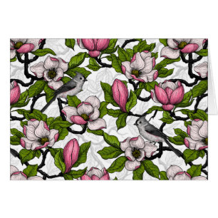 Blooming magnolia and titmouse bird cards