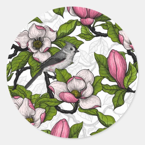 Blooming magnolia and titmouse bird classic round sticker