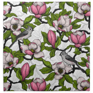Blooming magnolia and titmouse bird cloth napkin