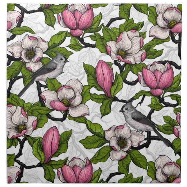 Blooming magnolia and titmouse bird cloth napkin (Front)