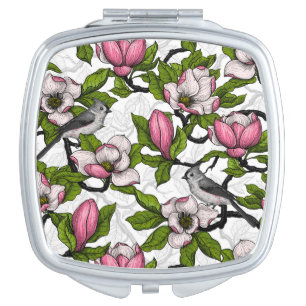 Blooming magnolia and titmouse bird compact mirror