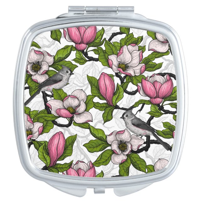 Blooming magnolia and titmouse bird compact mirror (Front)