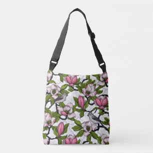 Blooming magnolia and titmouse bird crossbody bag