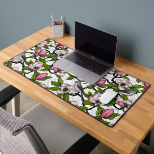 Blooming magnolia and titmouse bird desk mat