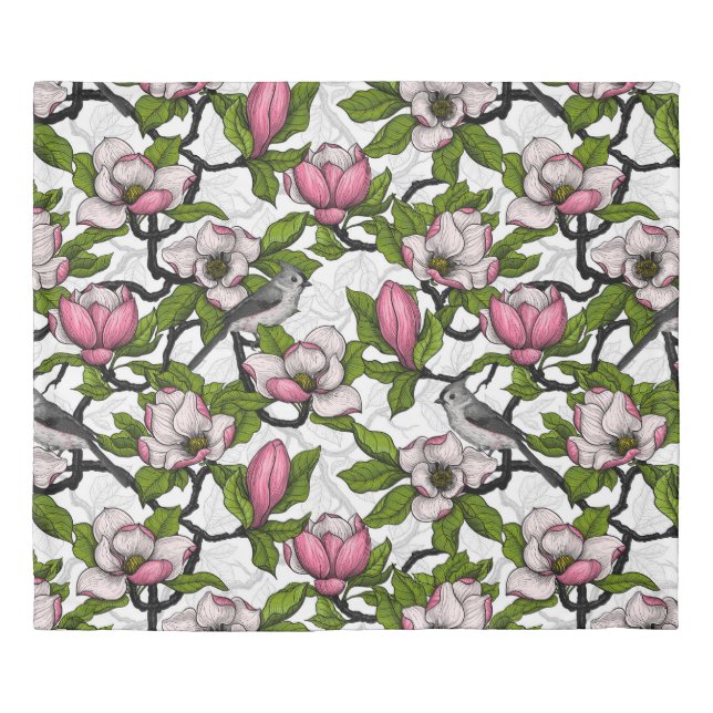 Blooming magnolia and titmouse bird duvet cover (Front)