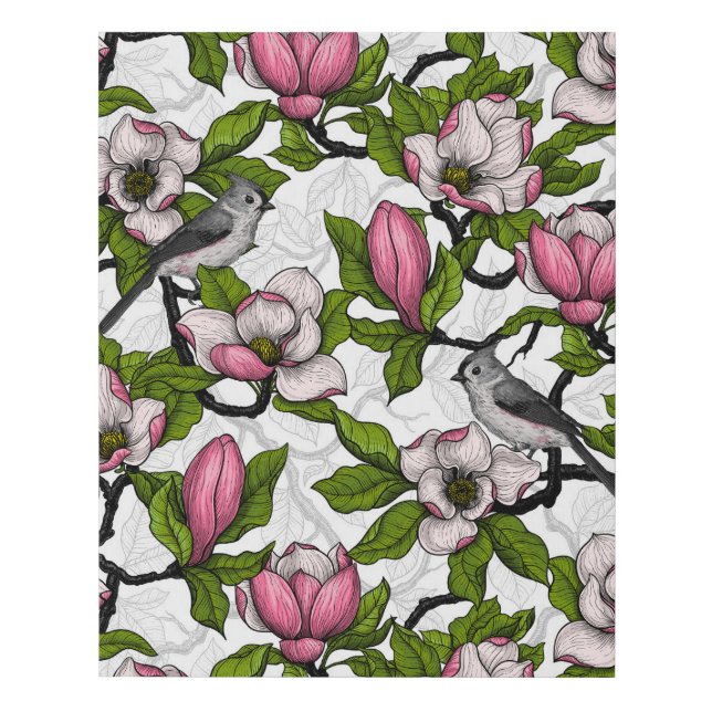 Blooming magnolia and titmouse bird faux canvas print (Front)