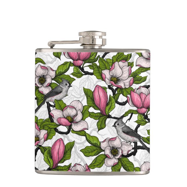 Blooming magnolia and titmouse bird flask (Front)
