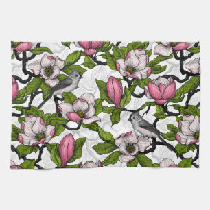 Blooming magnolia and titmouse bird kitchen towel