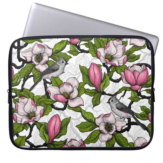 Blooming magnolia and titmouse bird laptop sleeve (Front)