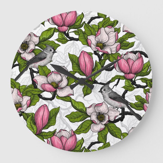 Blooming magnolia and titmouse bird large clock (Front)