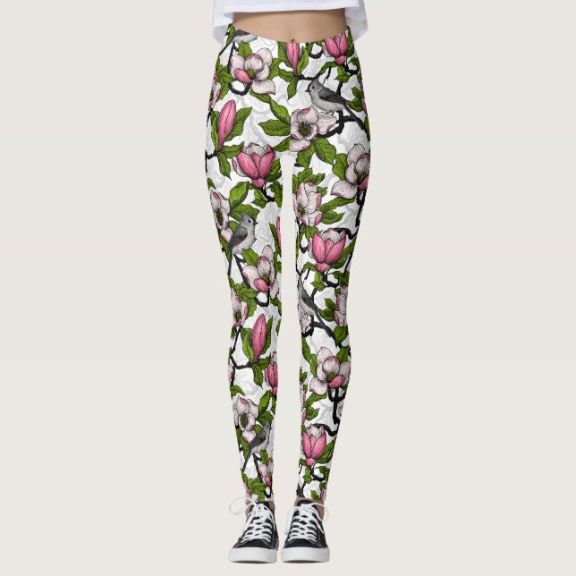 Blooming magnolia and titmouse bird leggings (Front)