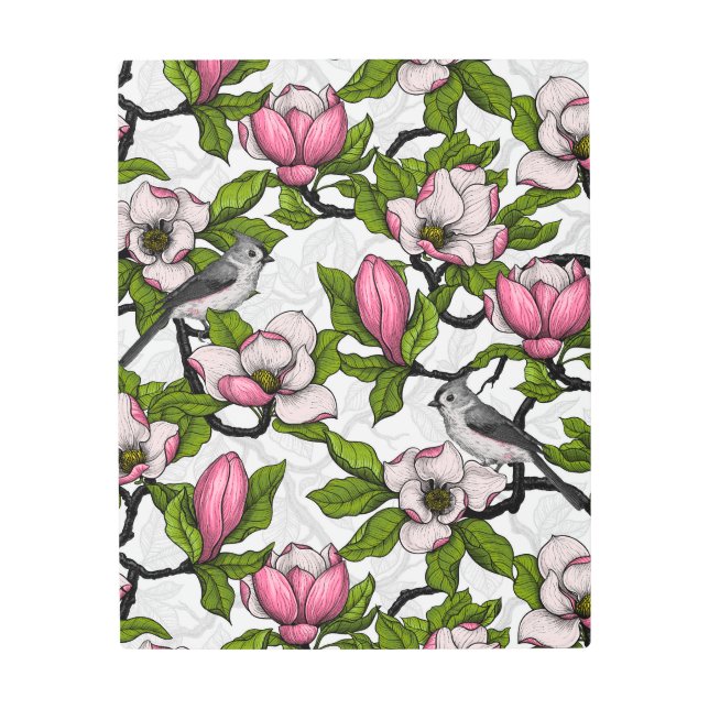 Blooming magnolia and titmouse bird metal print (Front)