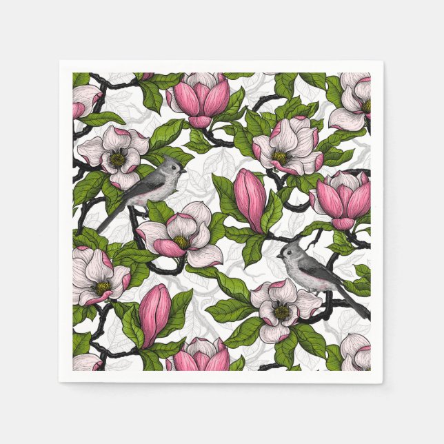 Blooming magnolia and titmouse bird napkins (Front)