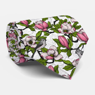 Blooming magnolia and titmouse bird neck tie