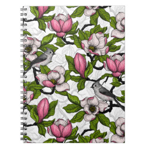 Blooming magnolia and titmouse bird notebook