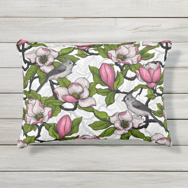 Blooming magnolia and titmouse bird outdoor pillow (Front)