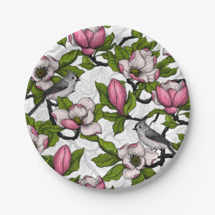 Blooming magnolia and titmouse bird paper plates