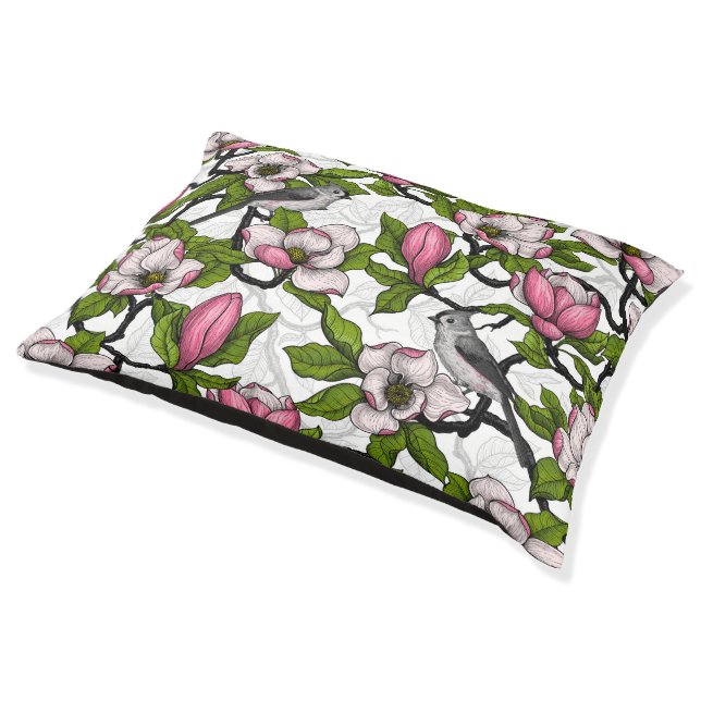 Blooming magnolia and titmouse bird pet bed (Angled)