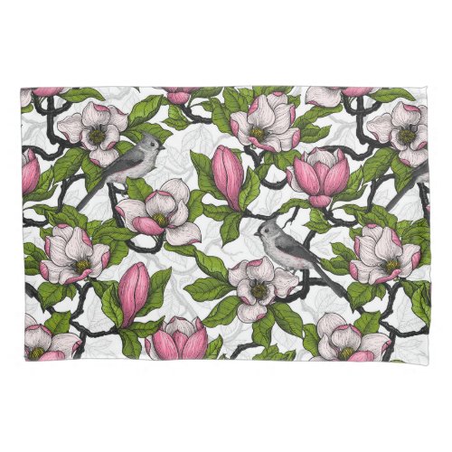 Blooming magnolia and titmouse bird pillow case