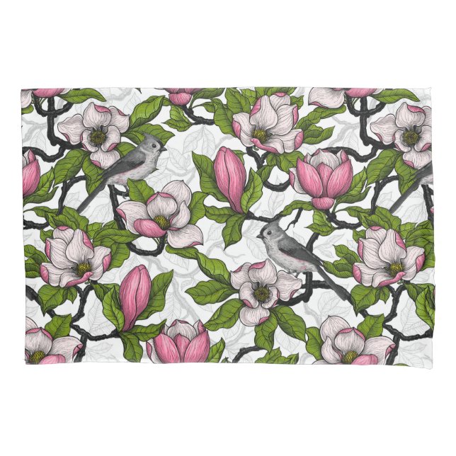 Blooming magnolia and titmouse bird pillow case (Front-Left)