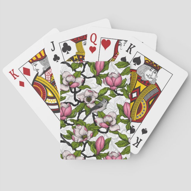 Blooming magnolia and titmouse bird poker cards (Back)