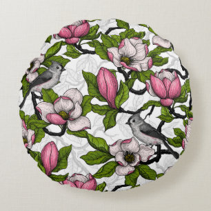 Blooming magnolia and titmouse bird round pillow