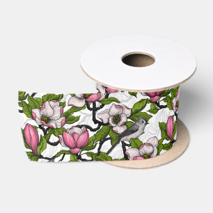Blooming magnolia and titmouse bird satin ribbon
