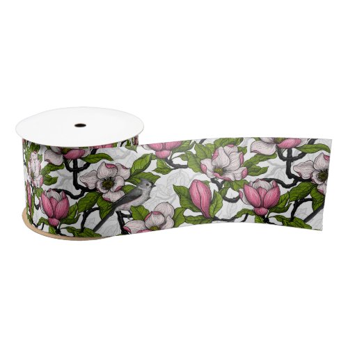 Blooming magnolia and titmouse bird satin ribbon