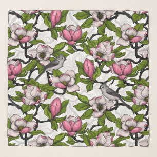 Blooming magnolia and titmouse bird scarf