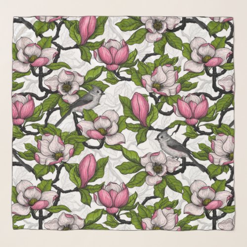 Blooming magnolia and titmouse bird scarf