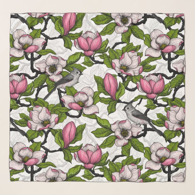 Blooming magnolia and titmouse bird scarf (Front)