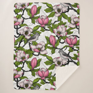 Blooming magnolia and titmouse bird sherpa blanket
