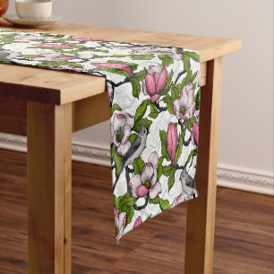 Blooming magnolia and titmouse bird short table runner