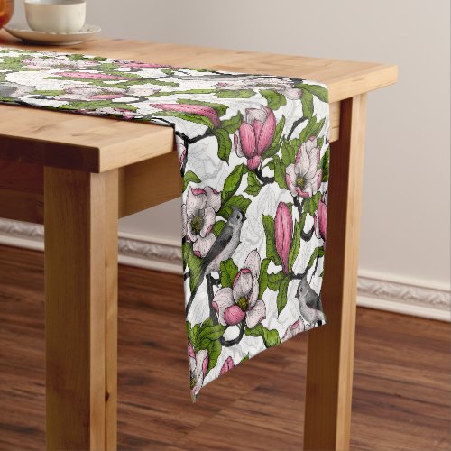 Blooming magnolia and titmouse bird short table runner