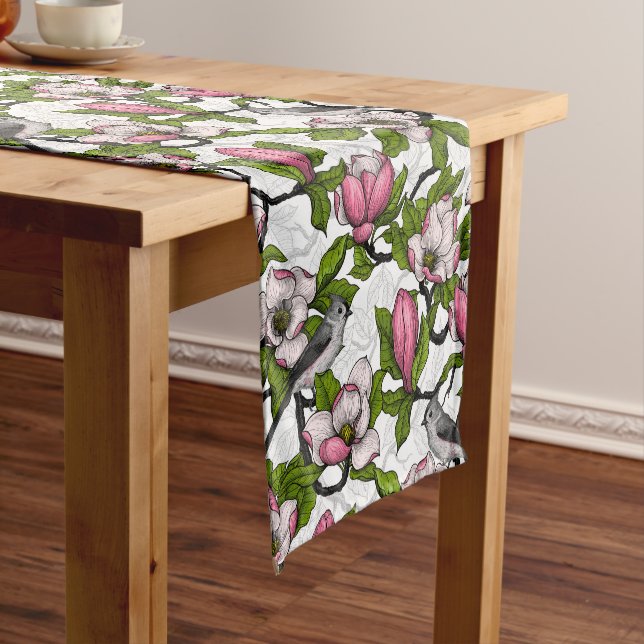 Blooming magnolia and titmouse bird short table runner (In Situ)