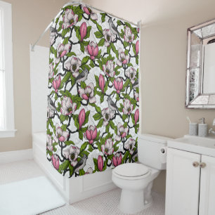 Blooming magnolia and titmouse bird shower curtain
