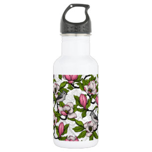 Blooming magnolia and titmouse bird stainless steel water bottle