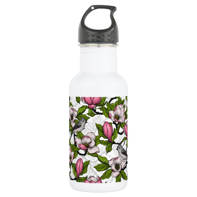 Blooming magnolia and titmouse bird stainless steel water bottle (Front)