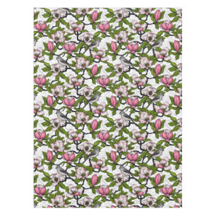 Blooming magnolia and titmouse bird tablecloth