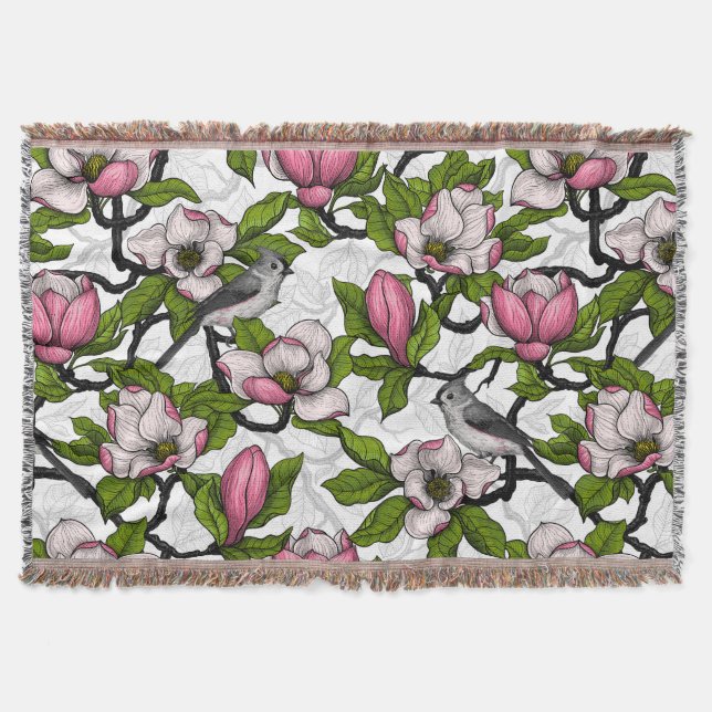 Blooming magnolia and titmouse bird throw blanket (Front)