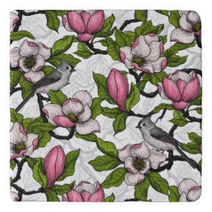 Blooming magnolia and titmouse bird trivet