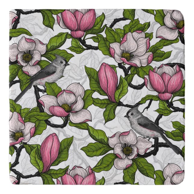 Blooming magnolia and titmouse bird trivet (Front)