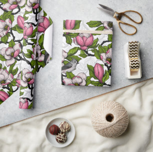 Blooming magnolia and titmouse bird wrapping paper