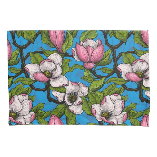 Blooming magnolia on blue pillow case (Front)