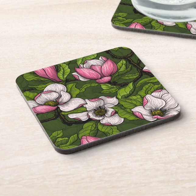 Blooming magnolia on dark green beverage coaster (Left Side)