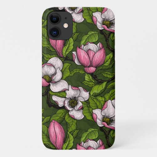 Blooming magnolia on dark green iPhone 11 case