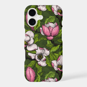 Blooming magnolia on dark green iPhone 17 case
