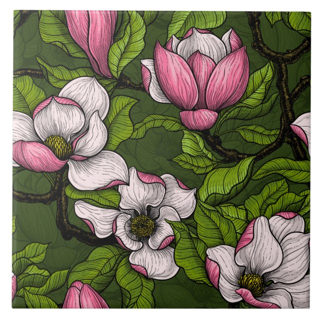 Blooming magnolia on dark green ceramic tile (Front)