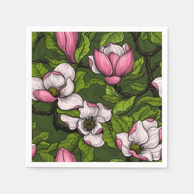 Blooming magnolia on dark green napkins (Front)